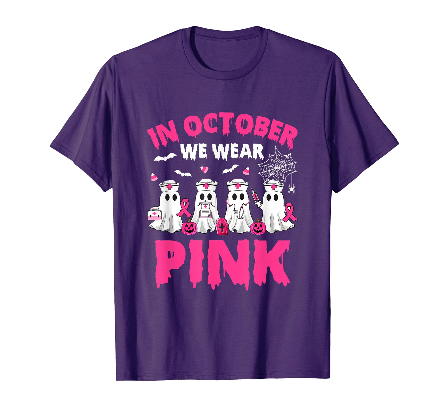 In October We Wear Pink Nurse Ghost Halloween Breast Cancer T-Shirt