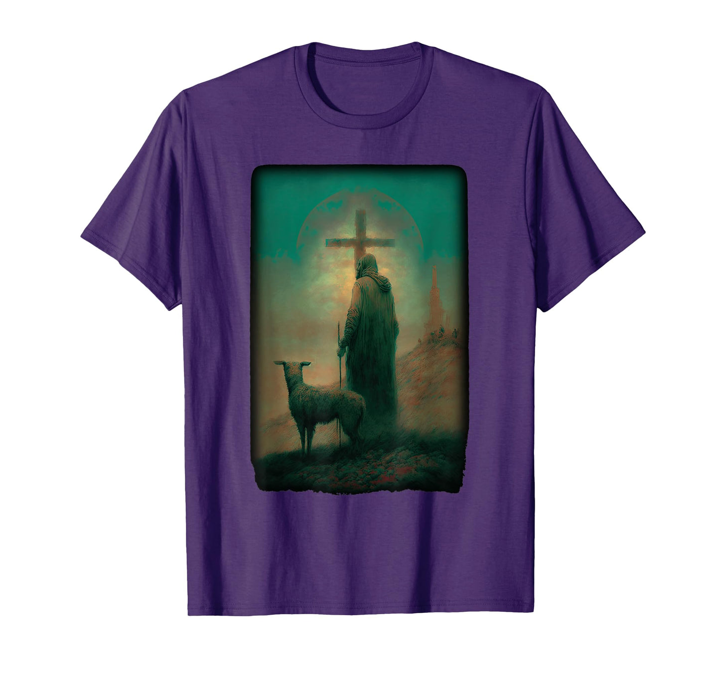Biblical Jesus Lamb of God Sheep Shepard with Cross Old Art T-Shirt