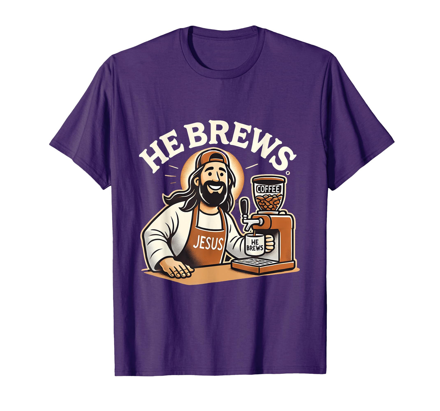 He Brews Coffee Jesus Cartoon Fun Christian Design T-Shirt