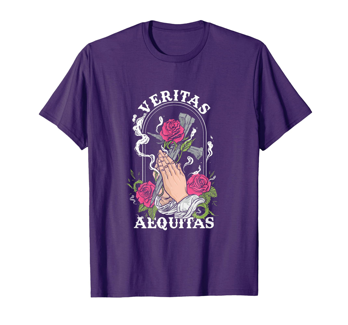 Veritas Aequitas Cross Roses Praying Hands Pray God Gift T-Shirt