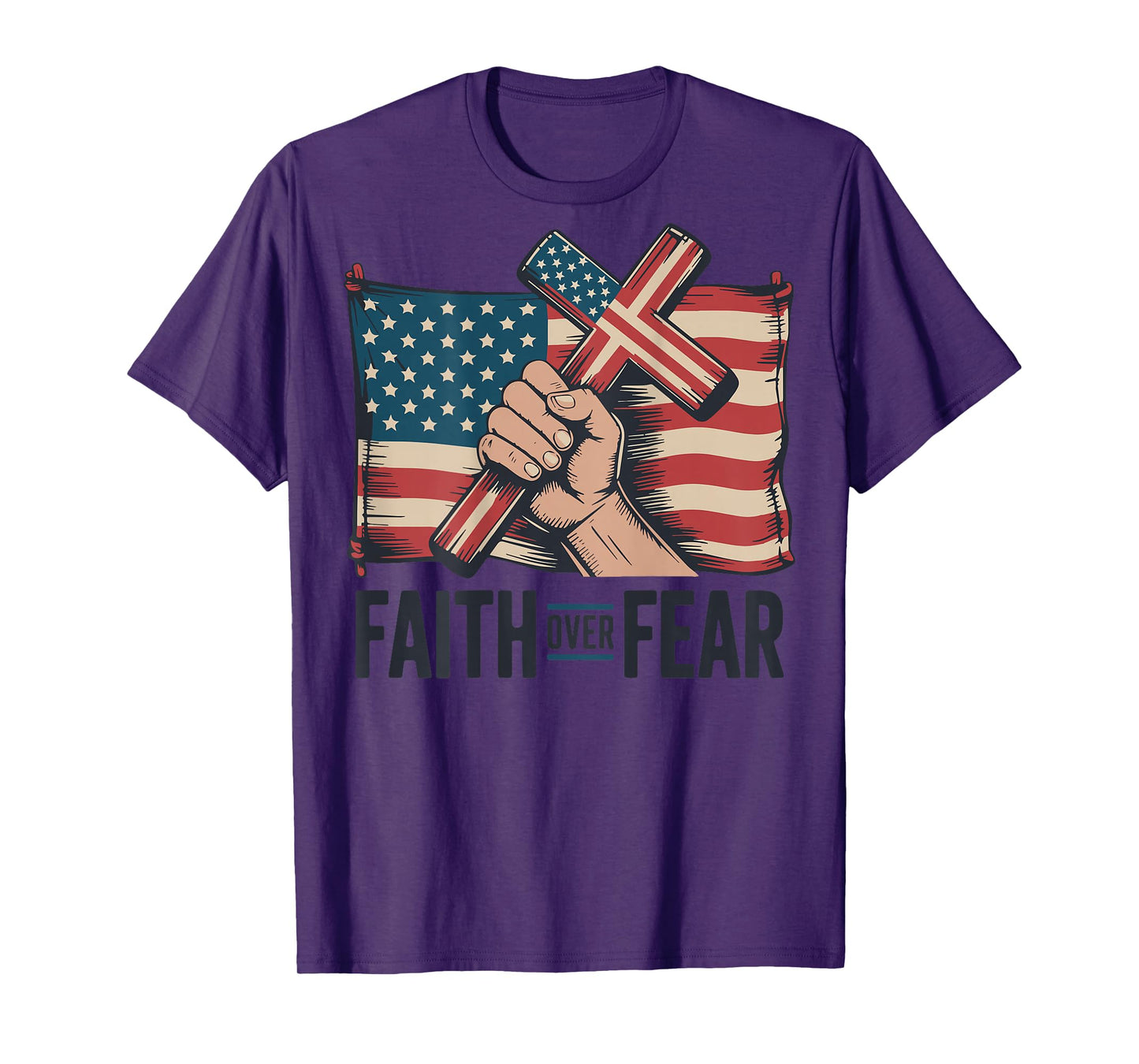Christian Patriotic Cross Faith Over Fear American Flag Mens T-Shirt