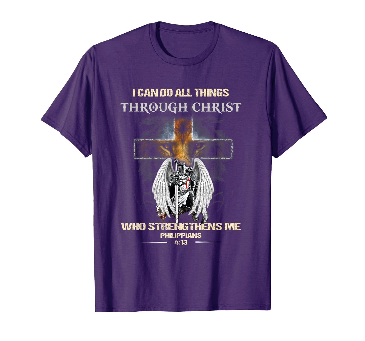 Philippians 4:13 Christian Verse Gift Lion Cross Men Knight T-Shirt