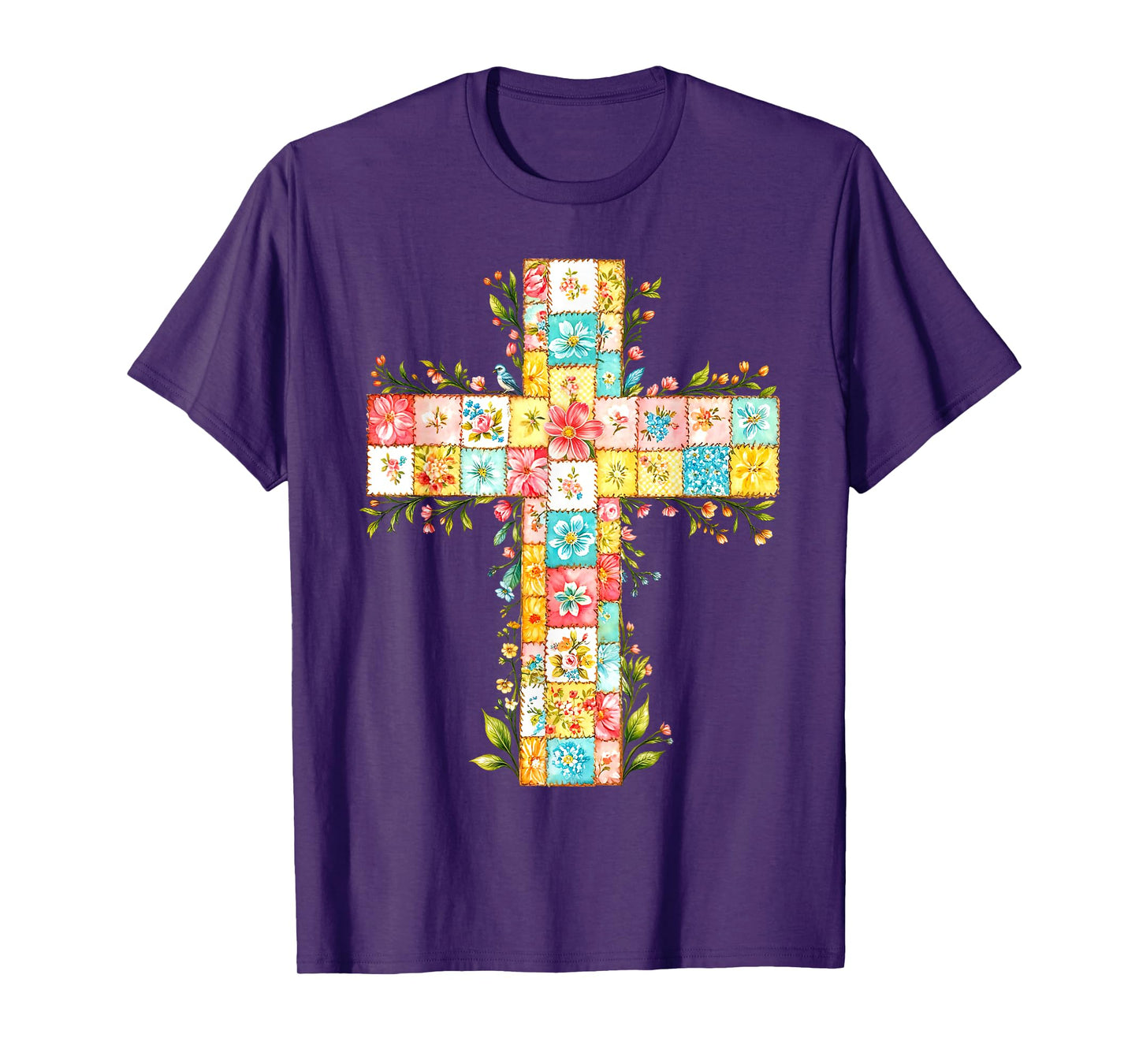Vintage Floral Patchwork Cross Christian Faith Religious T-Shirt