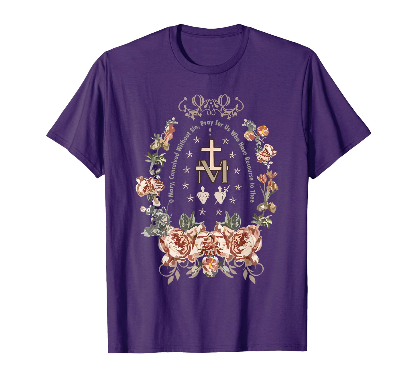 Marian Cross Floral Virgin Mary Catholic Art T-Shirt