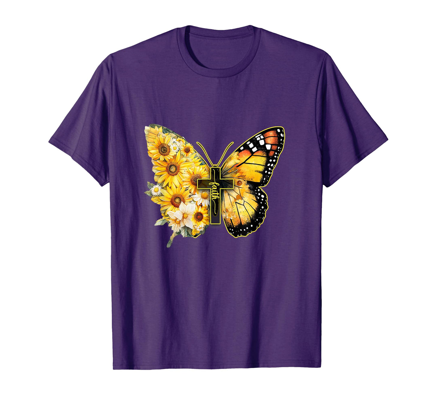 Faith Cross Sunflower Butterfly Christian Women Vintage T-Shirt