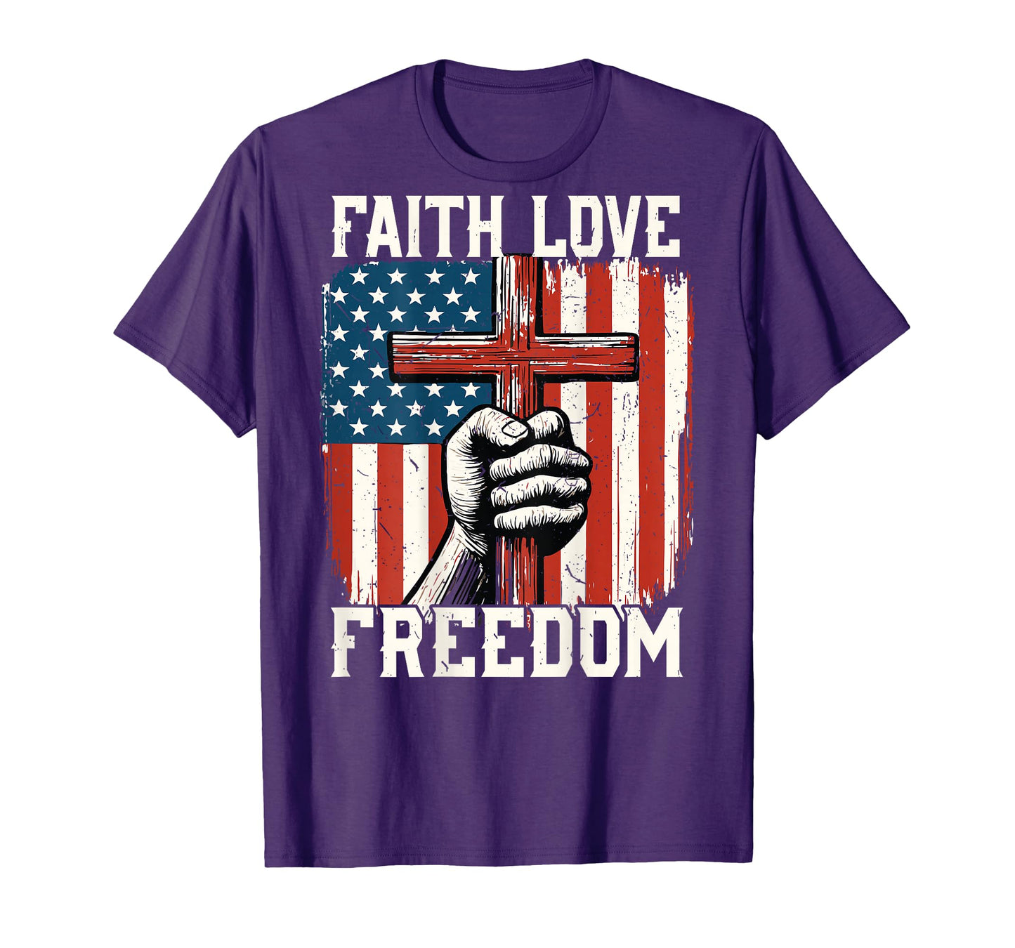 On-Back Patriotic Christian Faith Love Freedom Cross US Flag T-Shirt