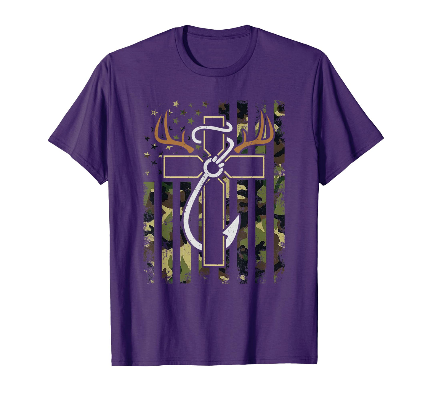 Hunting Fishing Faith Cross Deer Antlers Hook USA Flag Retro T-Shirt