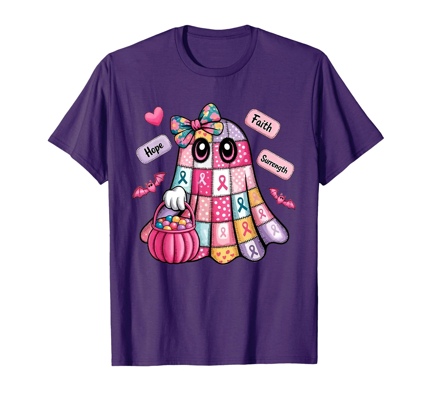 Faith Hope Surrength Patchwork Ghost Breast Cancer Awareness T-Shirt