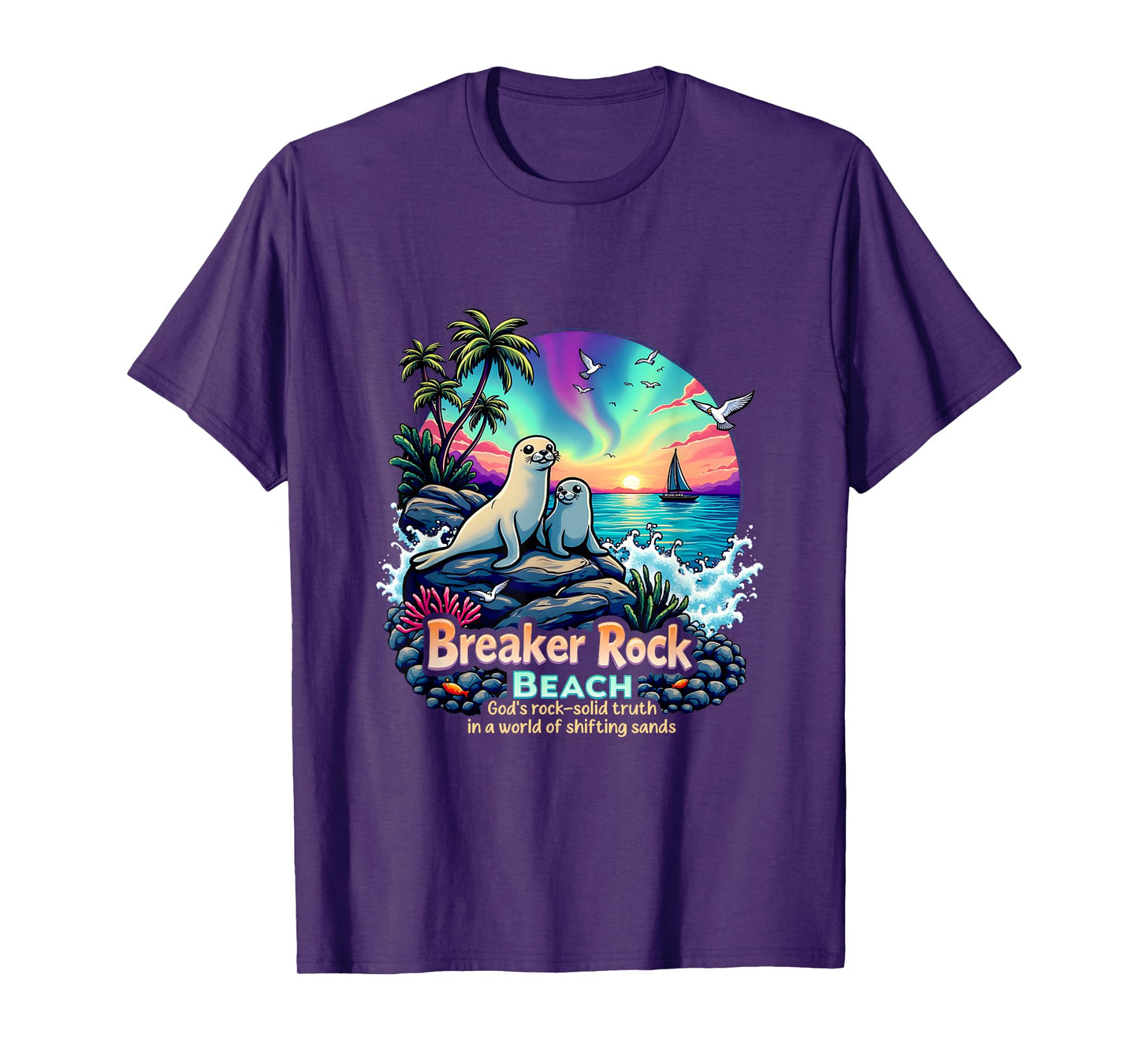 God's Solid Beach Breaker Rock Camp Retro VBS 2025 Beach T-Shirt