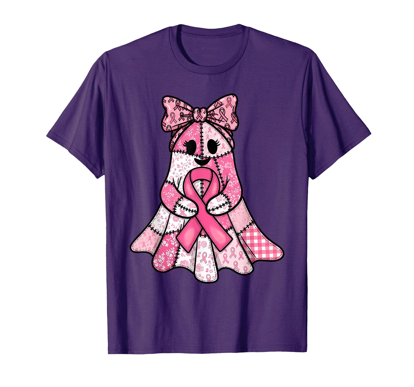 Pink Ribbon Patchwork Ghost Breast Cancer Spooky Halloween T-Shirt
