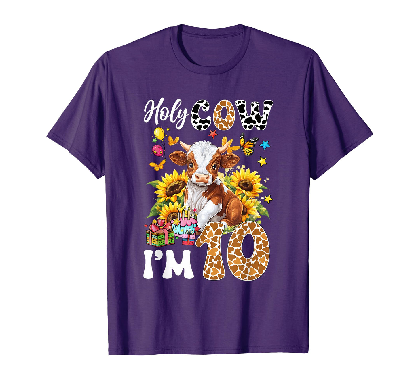 Holy Cow I'm 10 Years Old Farm Cow Sunflowers 10Th Birthday T-Shirt