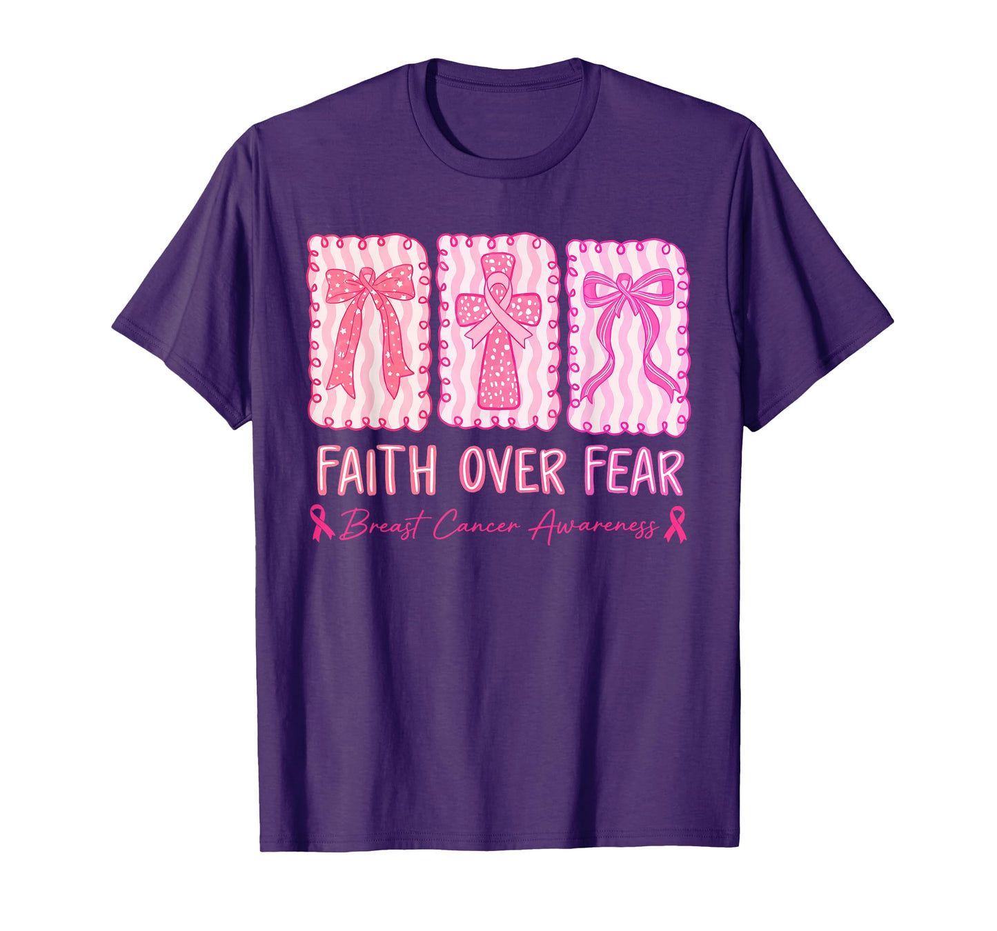 Faith Over Fear Coquette Bow Plaid Breast Cancer Awareness T-Shirt