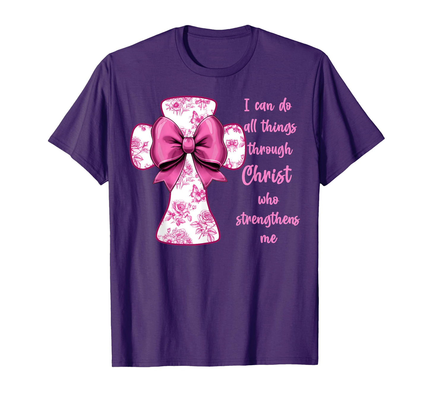 I Can Do All Things Through Christ Pink Toile Cross And Bow T-Shirt