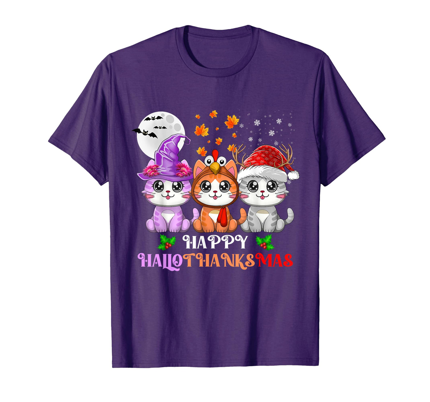 Happy HalloThanksMas Cats Halloween Thanksgiving Christmas T-Shirt