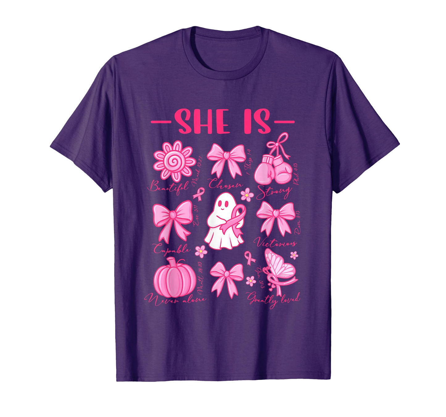 She is Christian Bible Verse Breast Cancer Pink Ribbon Women T-Shirt