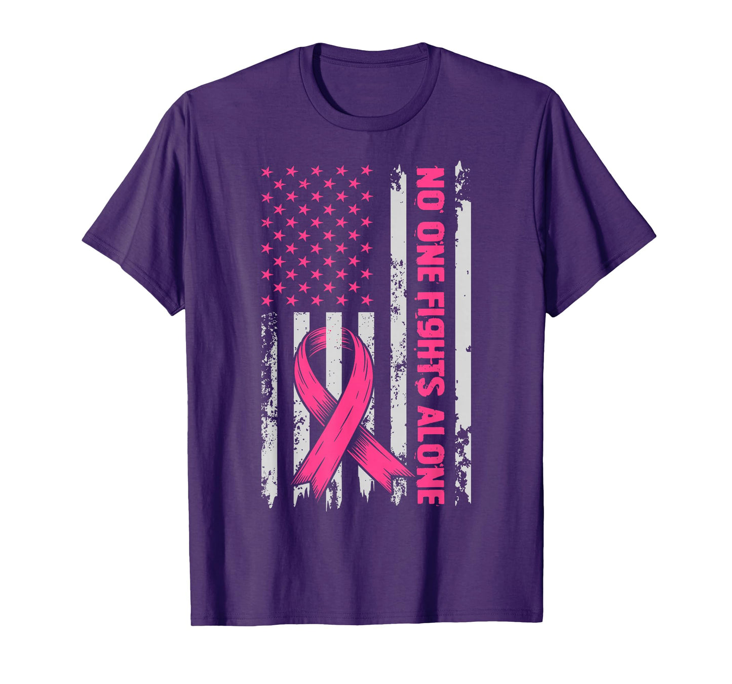 No One Fights Breast Cancer Alone US Flag Pink Ribbon T-Shirt
