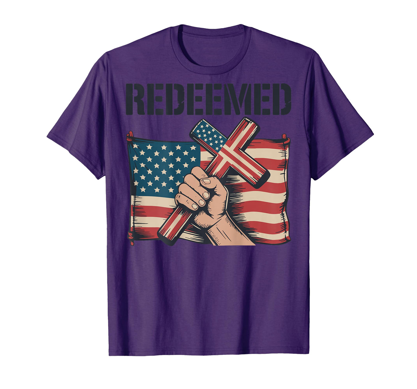 Men's Redeemed American Flag Christian Patriotic Cross Faith T-Shirt
