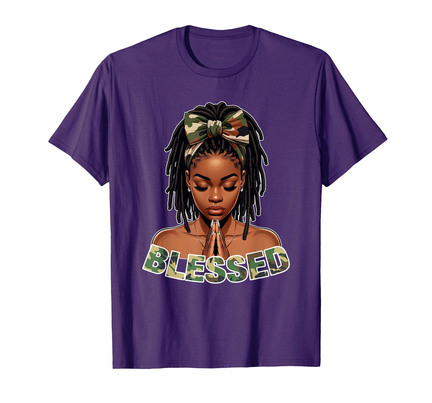 Praying Young Black Girl With Braids Locs Blessed Camo T-Shirt