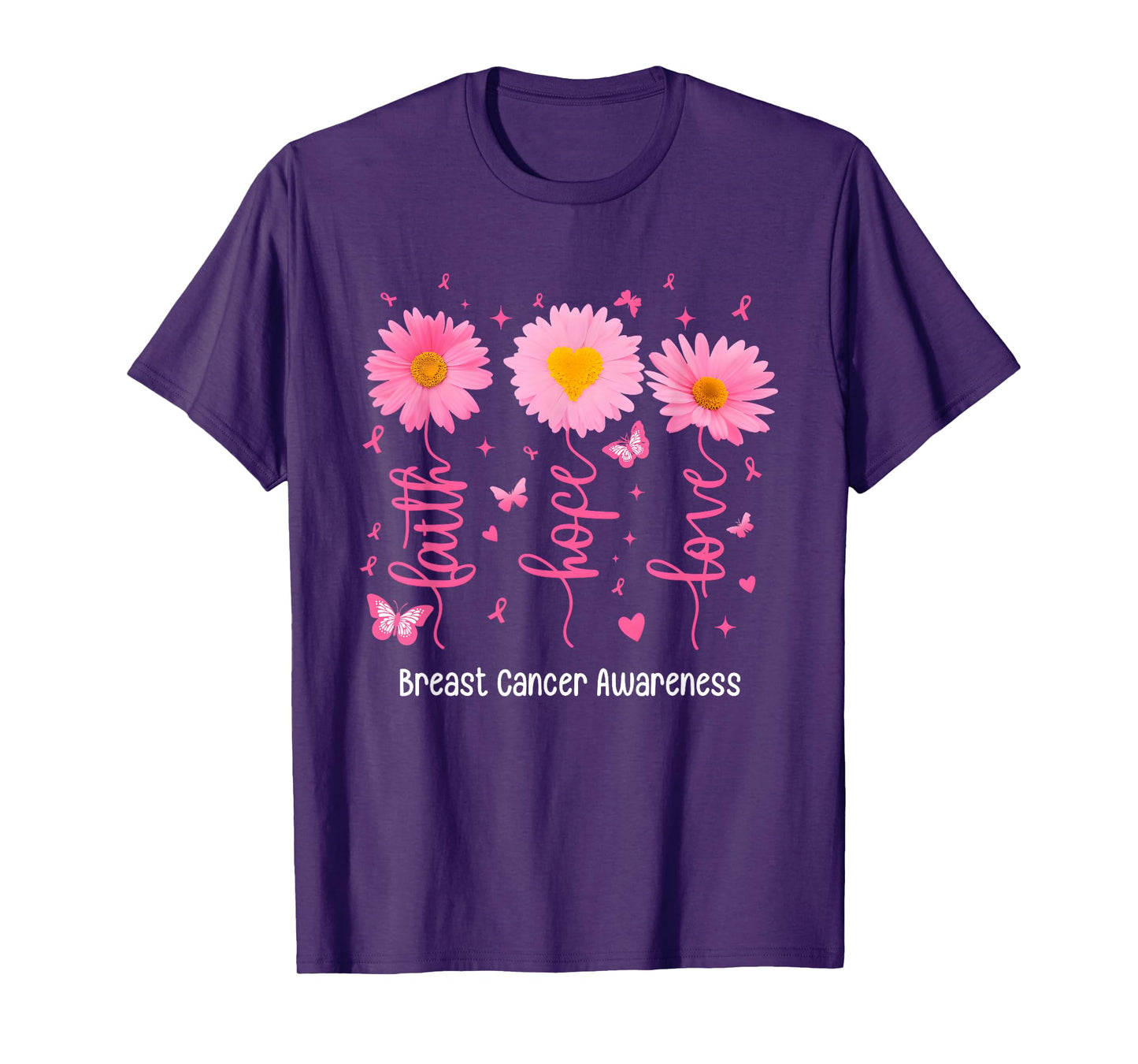 Faith Hope Love Flowers Breast Cancer Awareness Support T-Shirt