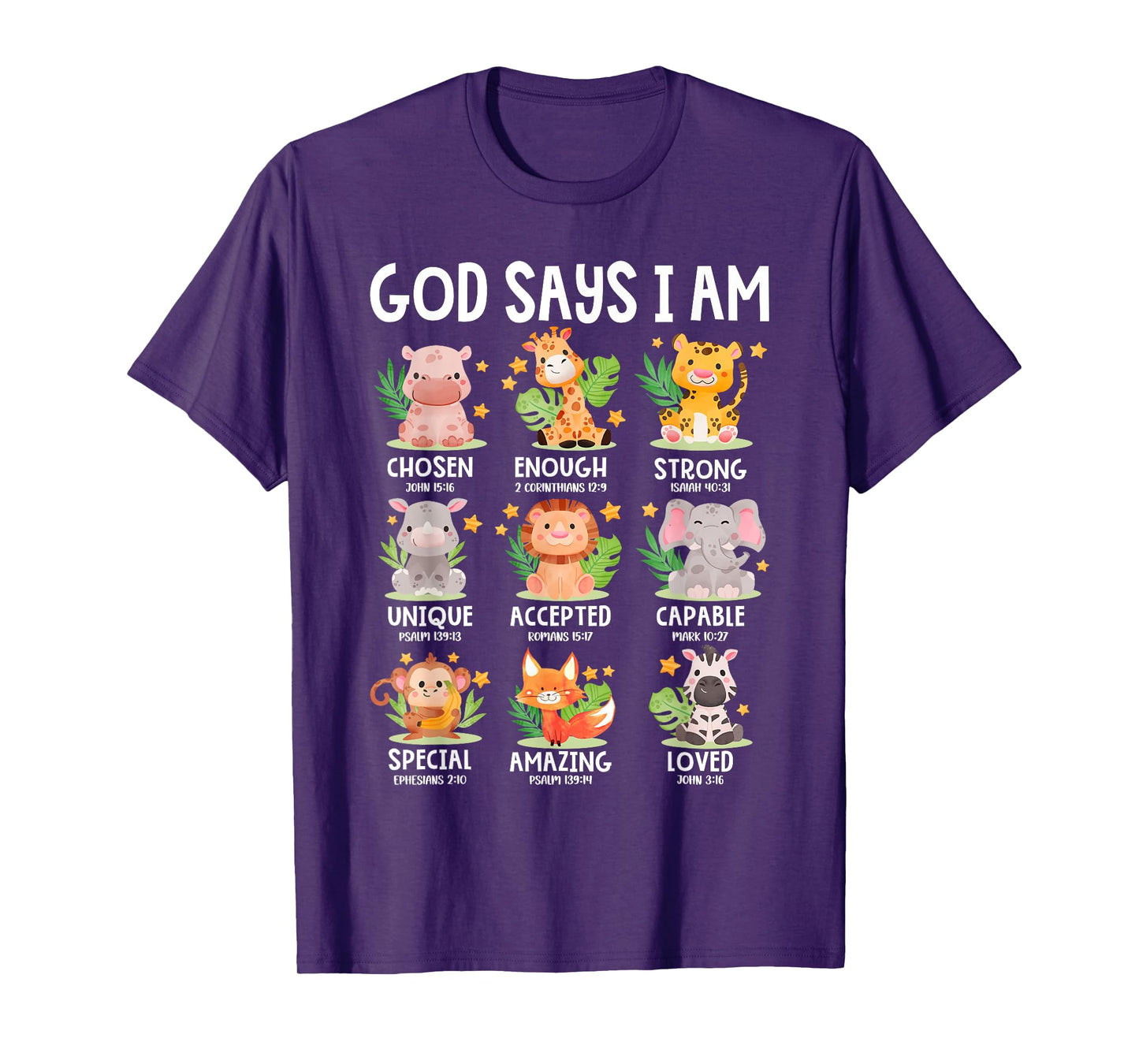 God Says I Am Christian Boys Girls Kids Safari Zoo Animals T-Shirt