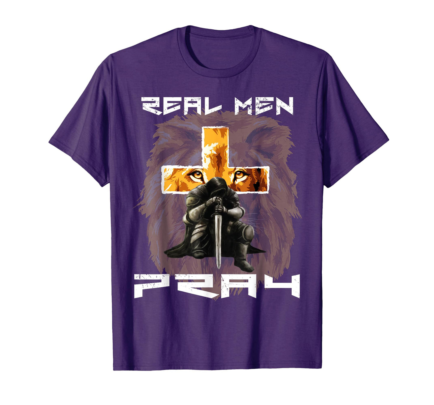Real Men Pray Lion Judah Christian Religious Cross Graphic T-Shirt
