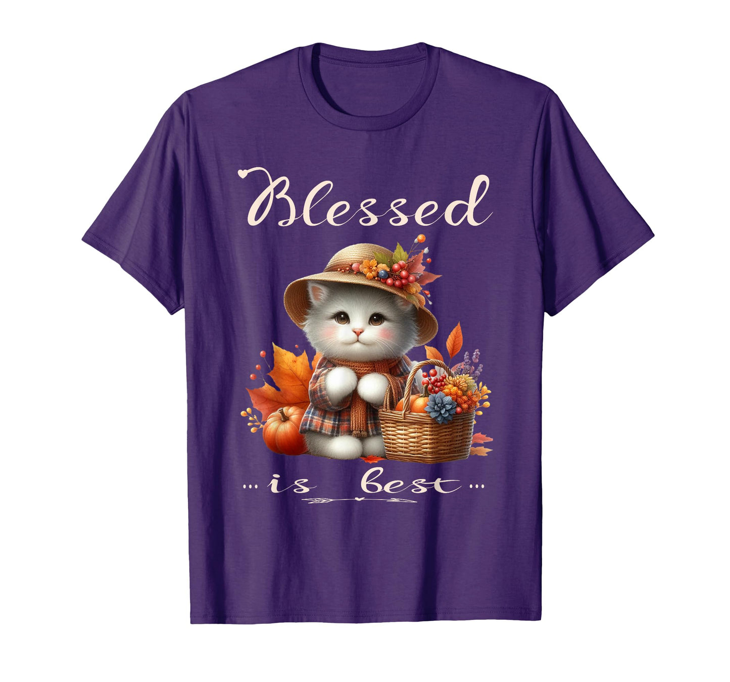 Blessed is Best Fall & Autumn Cute White Vintage Kitty & Hat T-Shirt
