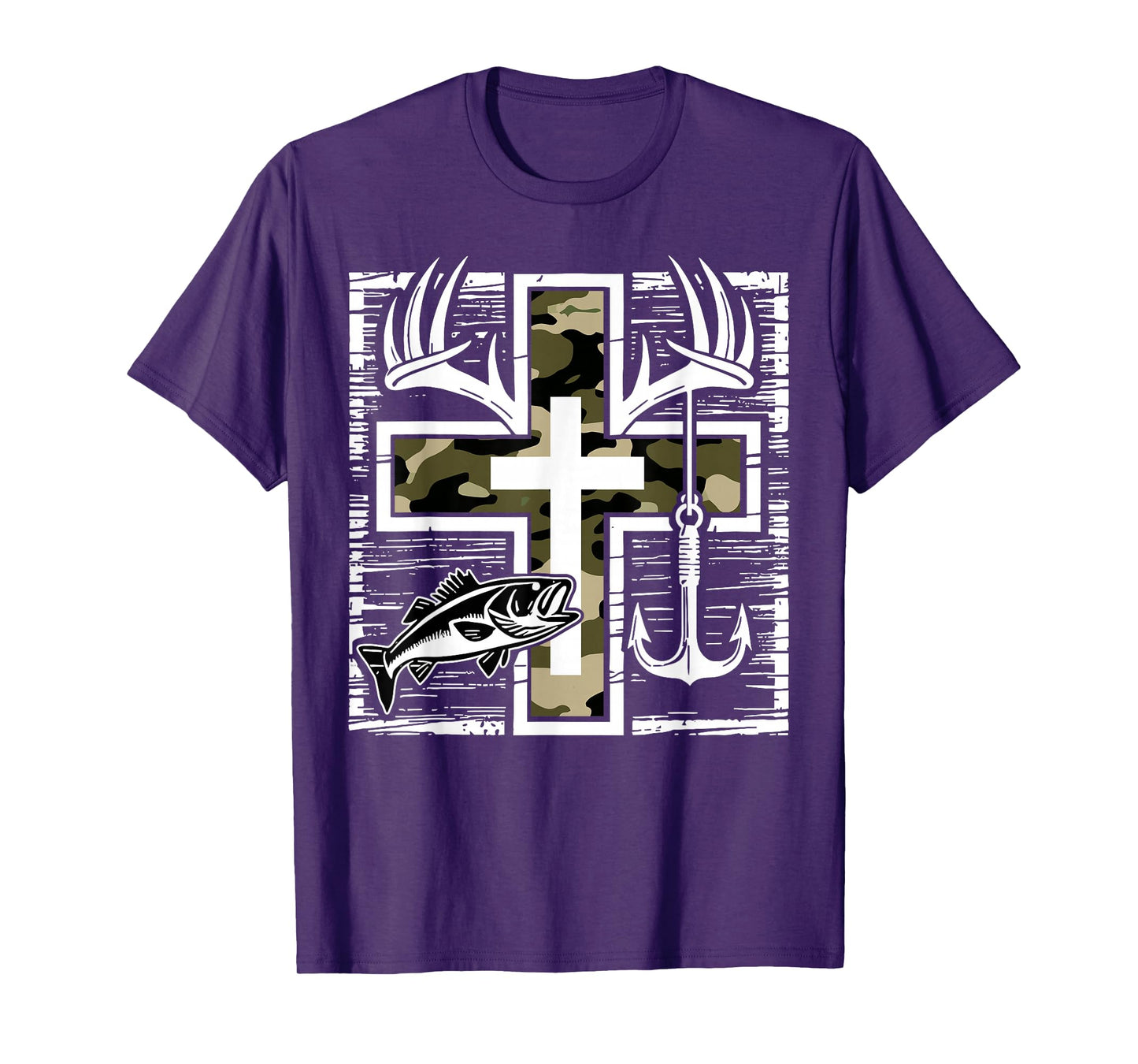 Faith Fishing Hunting Camo Cross with Hook Bass Christian T-Shirt