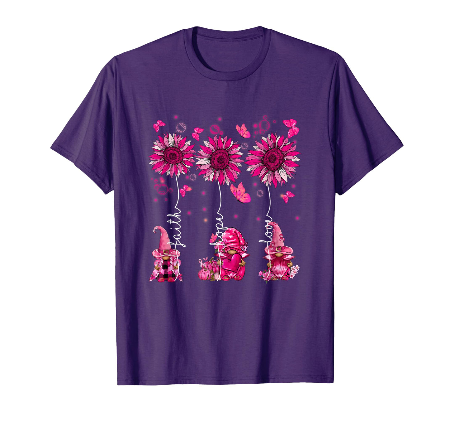 Faith Hope Love Gnome Ribbon Breast Cancer Awareness Flower T-Shirt