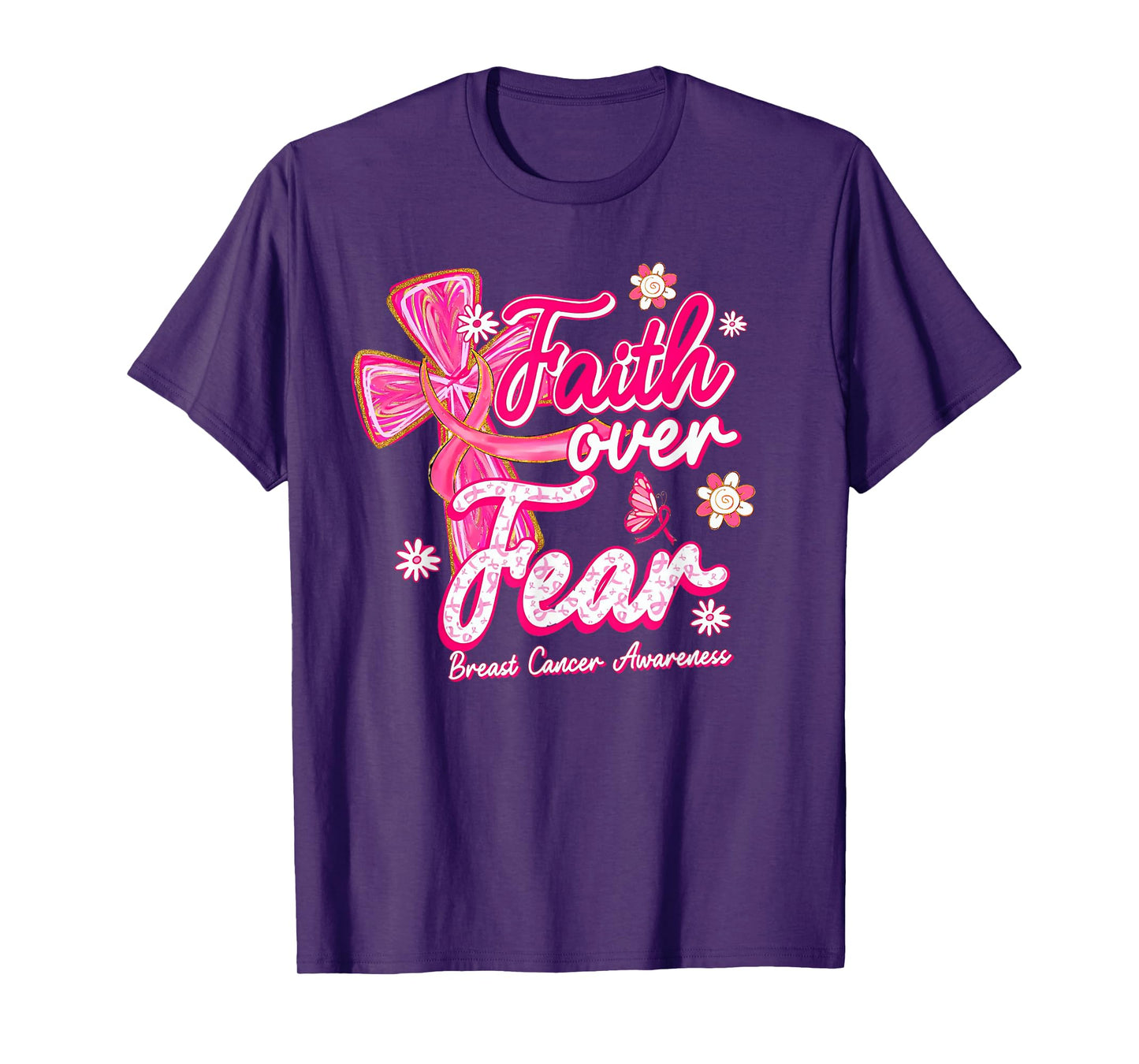 Coquette Faith Over Fear Breast Cancer Awareness Pink Ribbon T-Shirt
