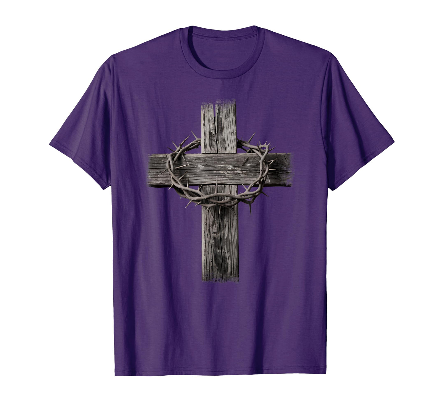 Rustic Wooden Cross Graphic Crown of Thorns Christian Faith T-Shirt