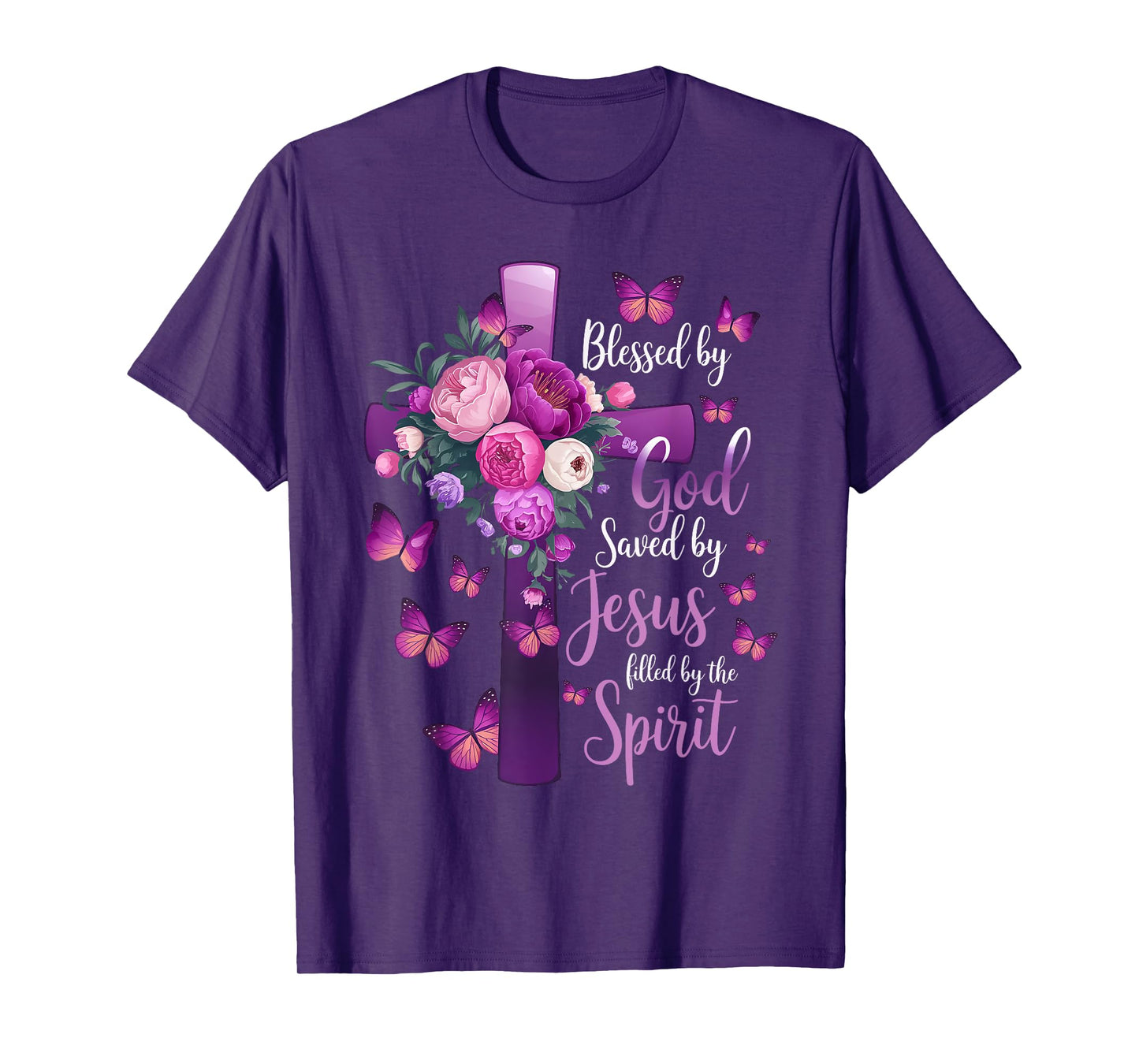 Blessed by God Saved by Jesus Purple Floral Cross Christian T-Shirt
