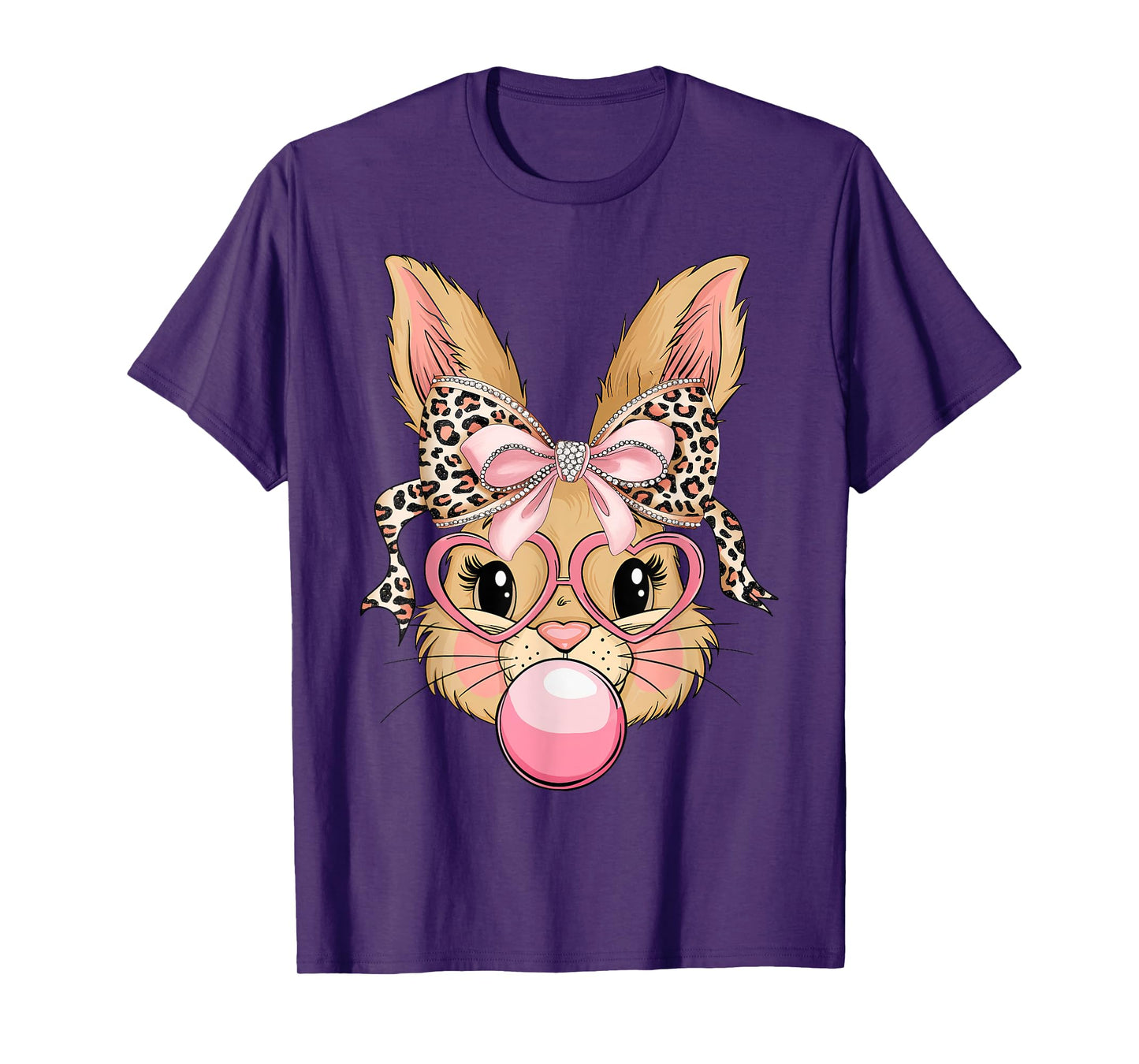 Cute Bunny Rabbit Face Leopard Glasses Girl Happy Easter Day T-Shirt