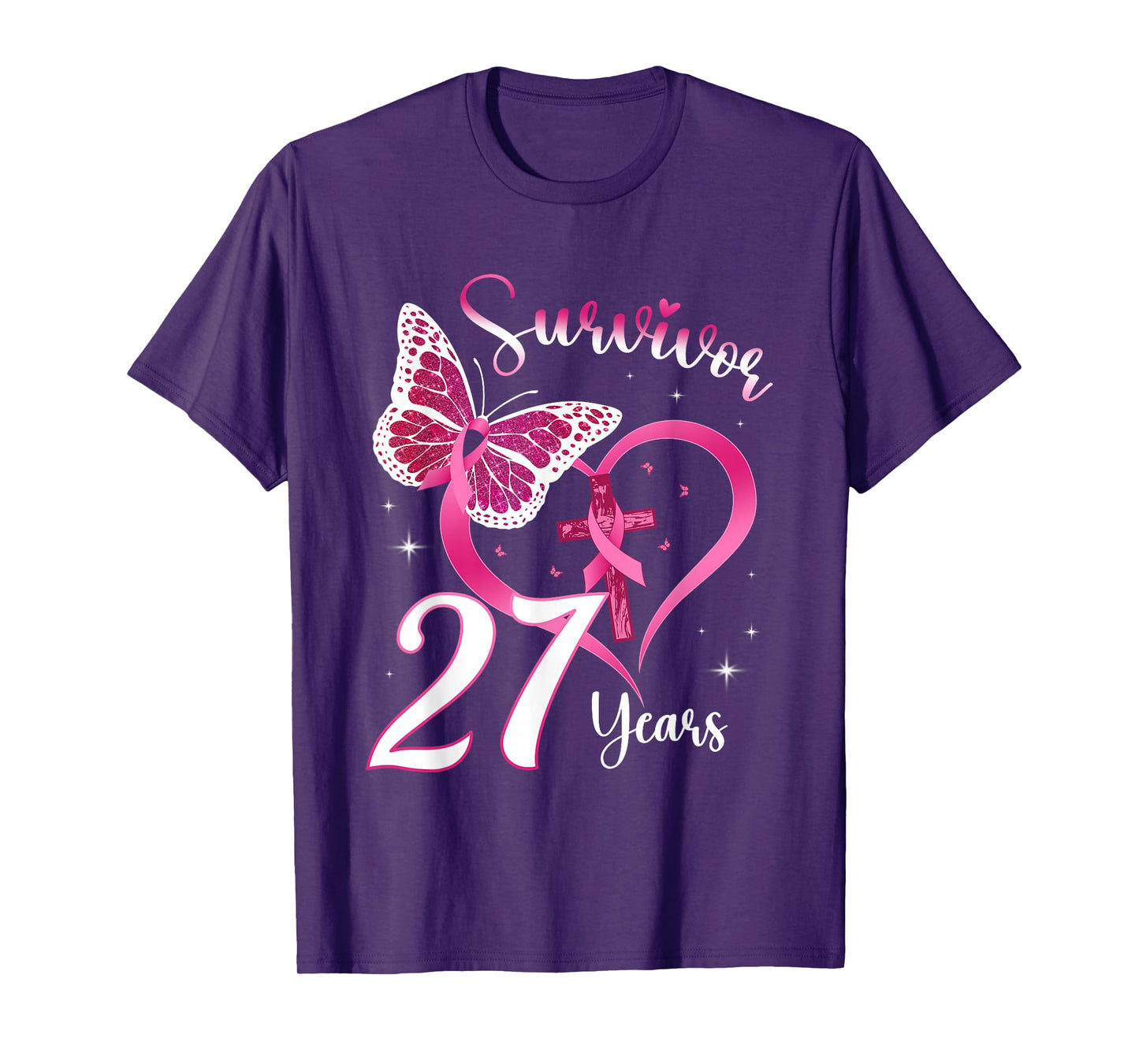 Breast Cancer Survivor Pink Ribbon Butterfly 27 Years Gift T-Shirt