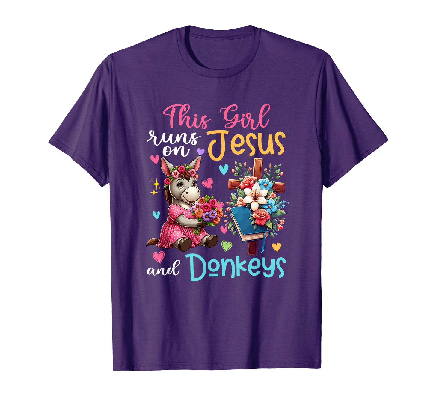 Girl Runs On Jesus And Donkeys Cute Flowers Christian Cross T-Shirt
