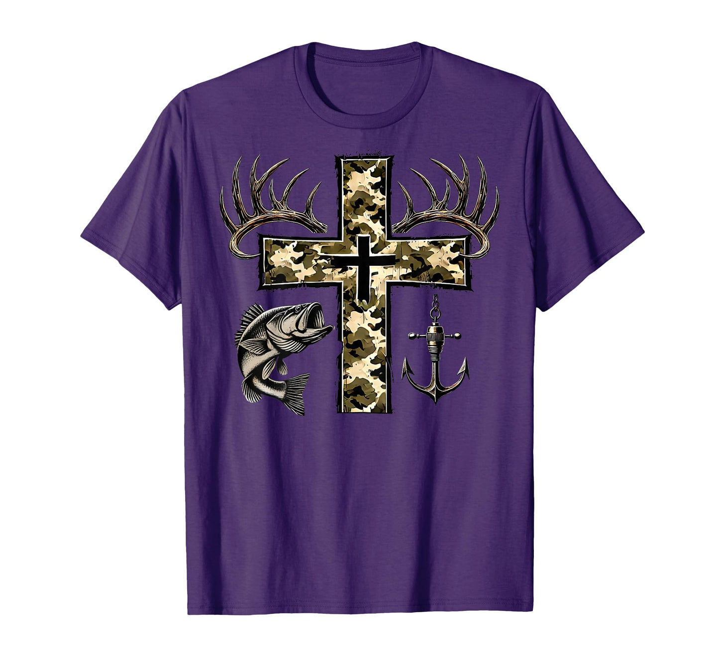 (Back) Hunting Fishing Cross Camo Faith Christian Fisherman T-Shirt