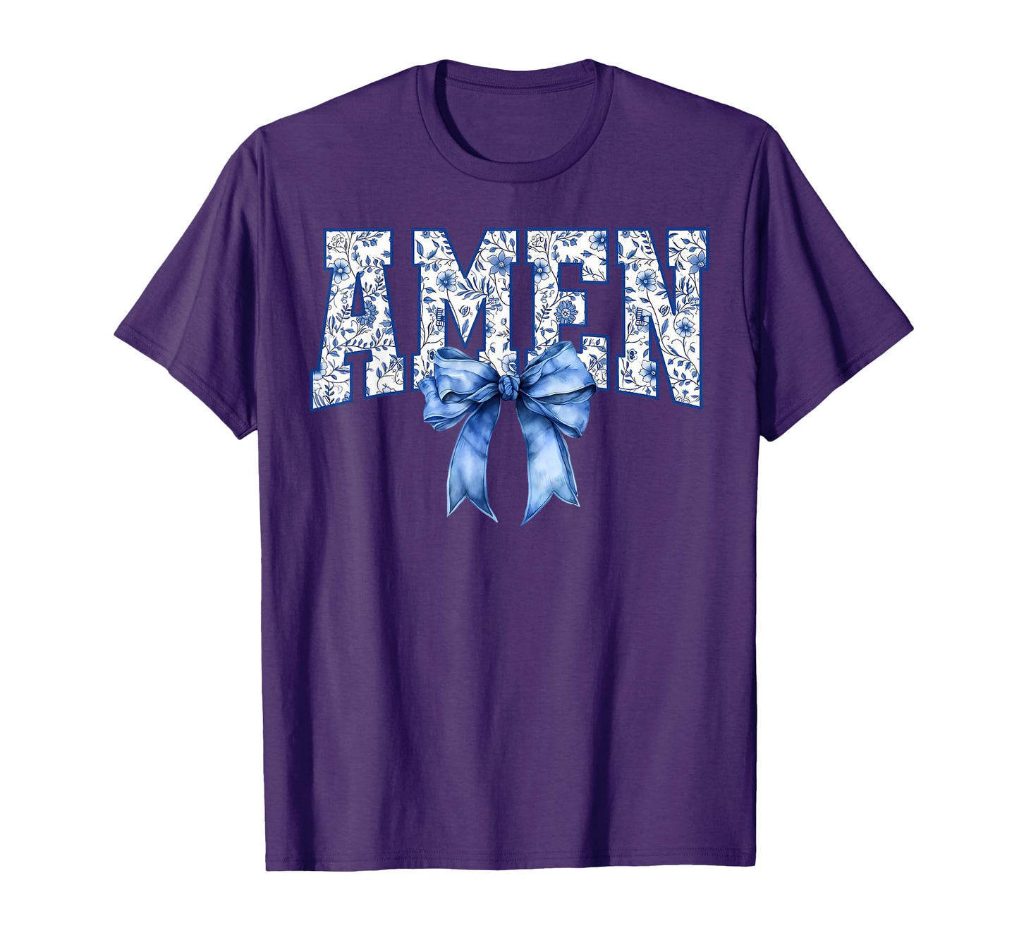 Amen Floral Toile Blue Coquette Bow Religious Faith Jesus T-Shirt