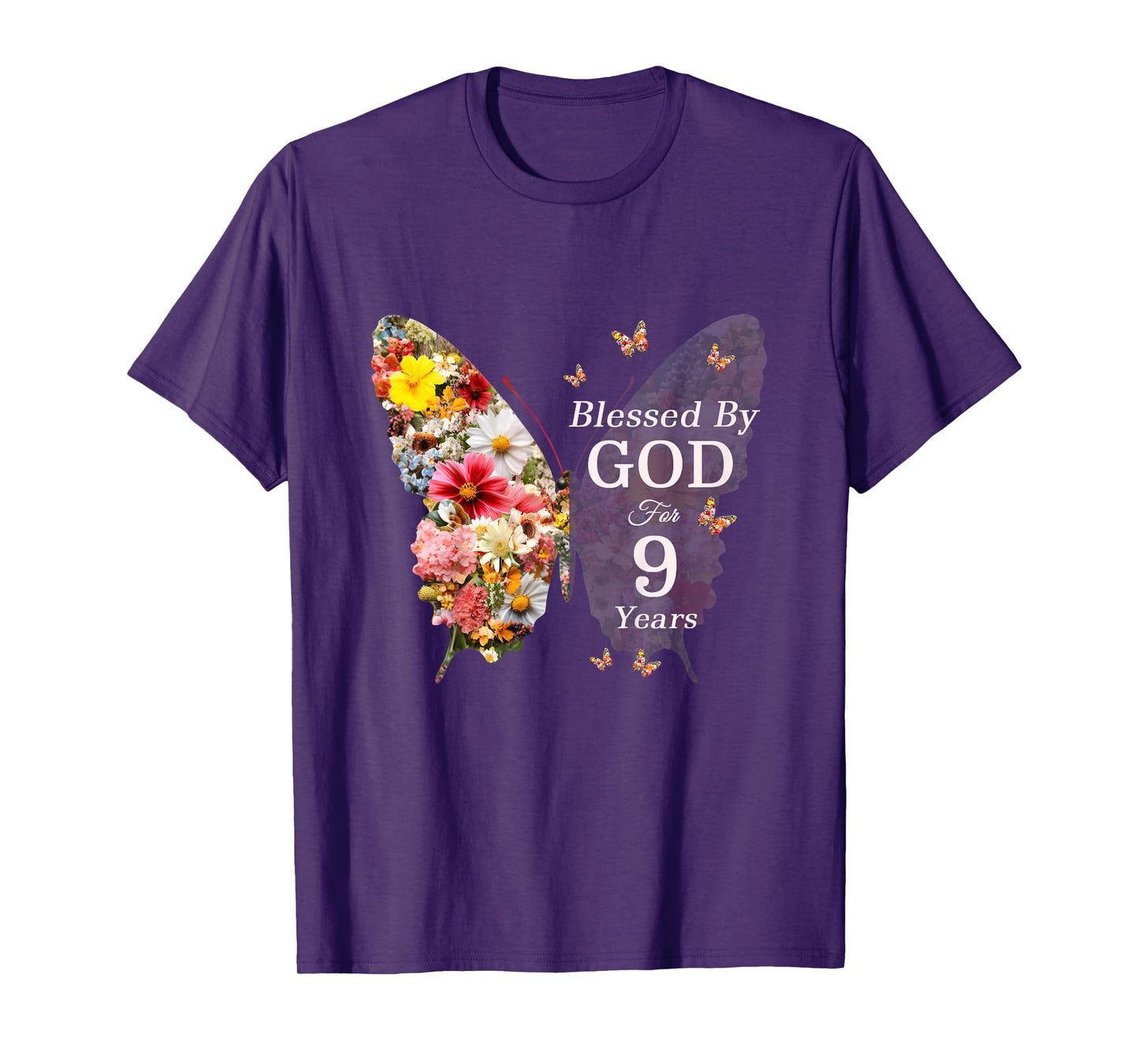 Kids Blessed By God For 9 Years Butterfly Flower 9th Birthday T-Shirt