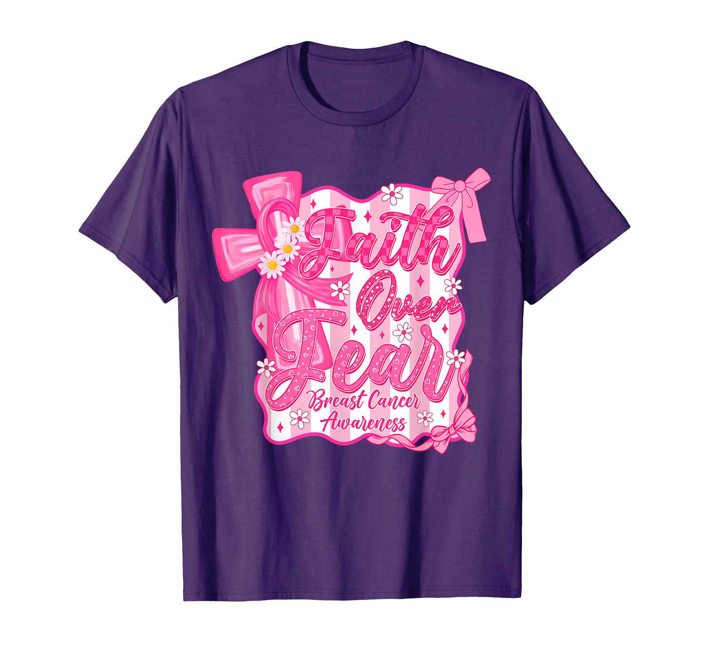 Faith Over Fear Cross Pink Ribbon Christian Breast Cancer T-Shirt