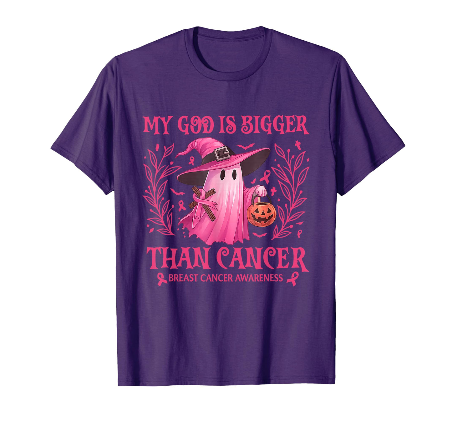My God Is Bigger Than Breast Cancer Awareness Ghost Witch T-Shirt