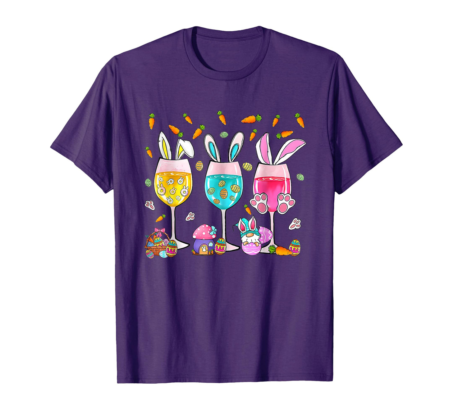 Funny Wine Glasses Bunny With Egg Basket Spring Easter Women T-Shirt