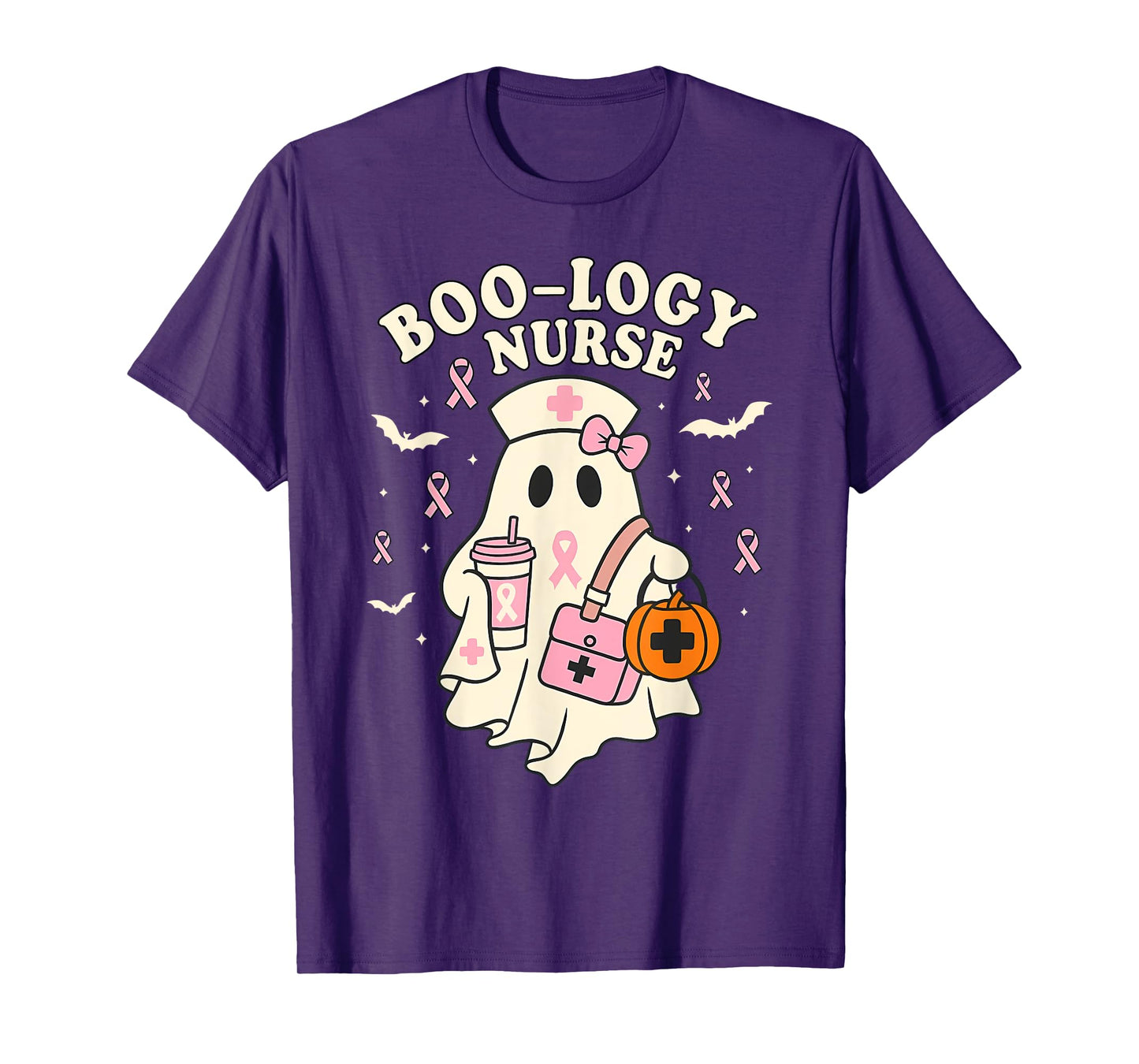 Boo-logy Nurse Ghost Halloween Breast Cancer Awareness T-Shirt