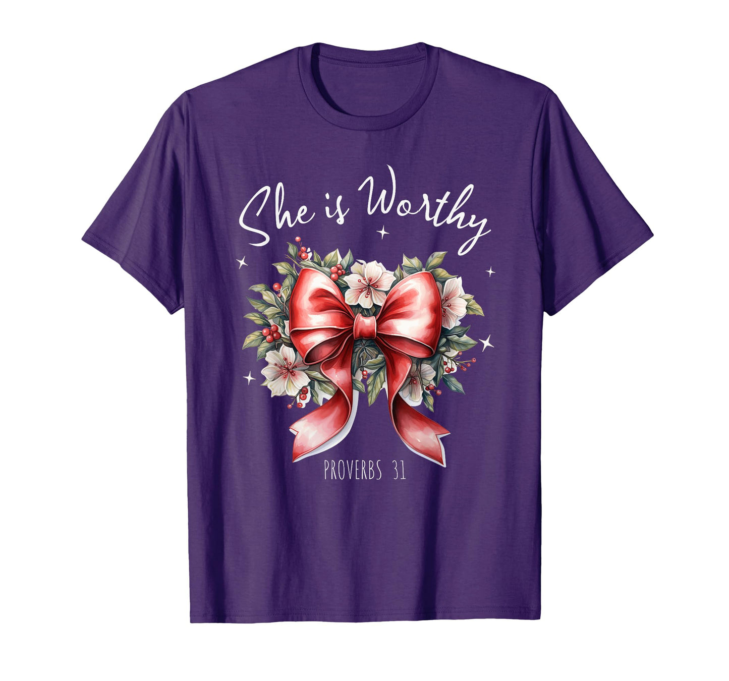 She is Worthy Beautiful Christmas Coquette Bow Proverbs 31 T-Shirt