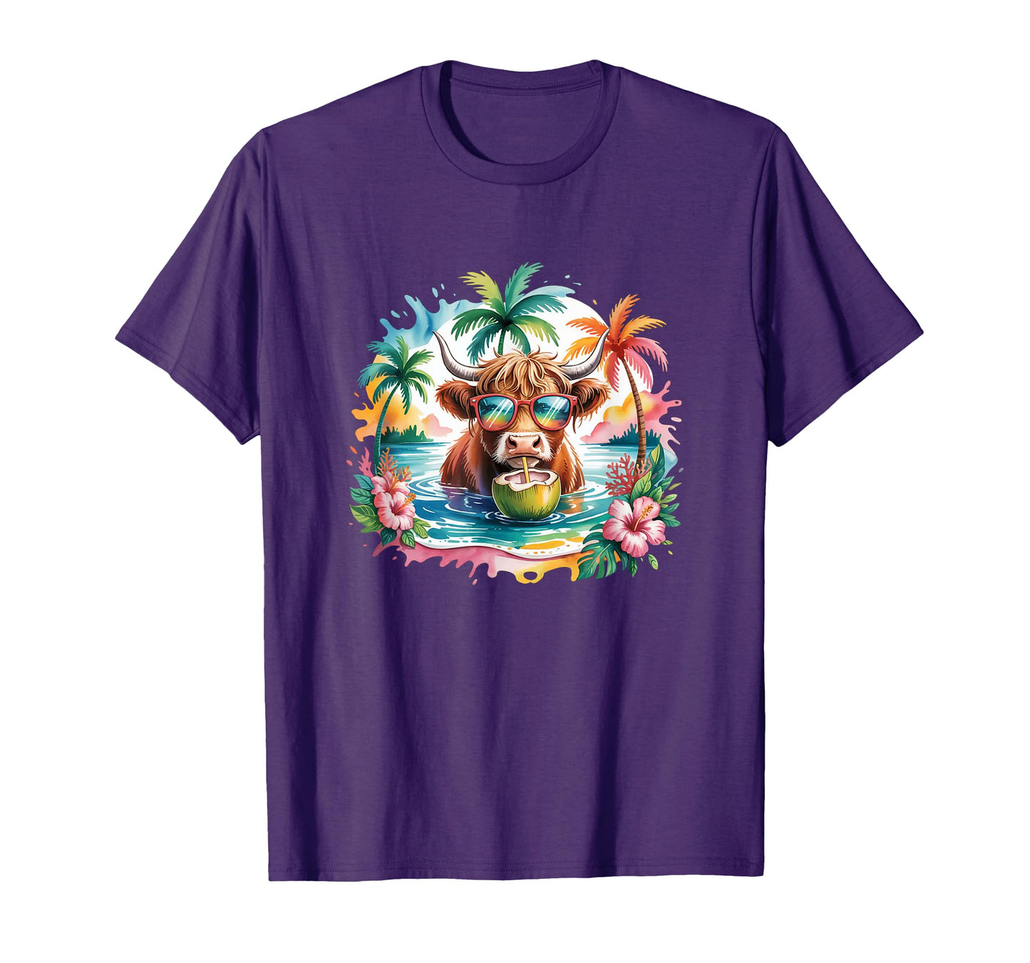 Tropical Highland Cow Summer Vibes Funny Beach Girls Women T-Shirt