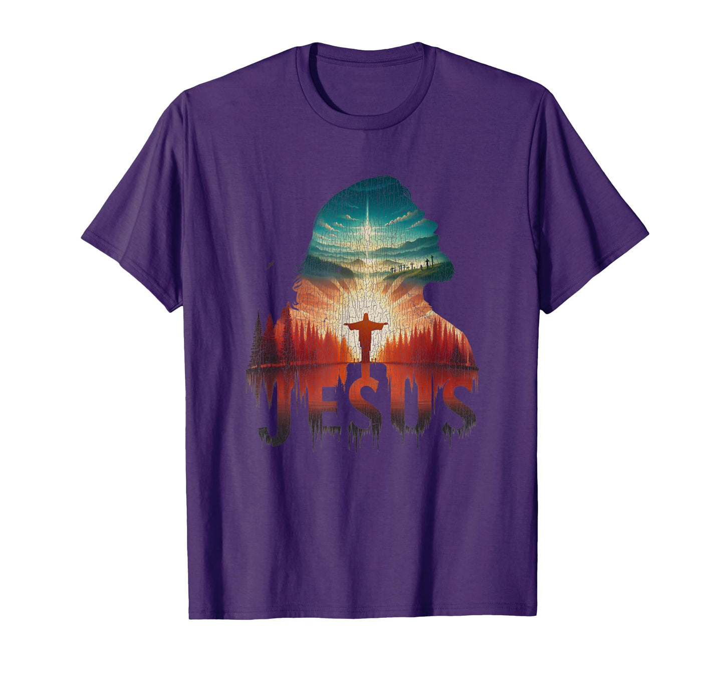 Vintage Jesus Christ Portrait Retro Sunset Mountain T-Shirt
