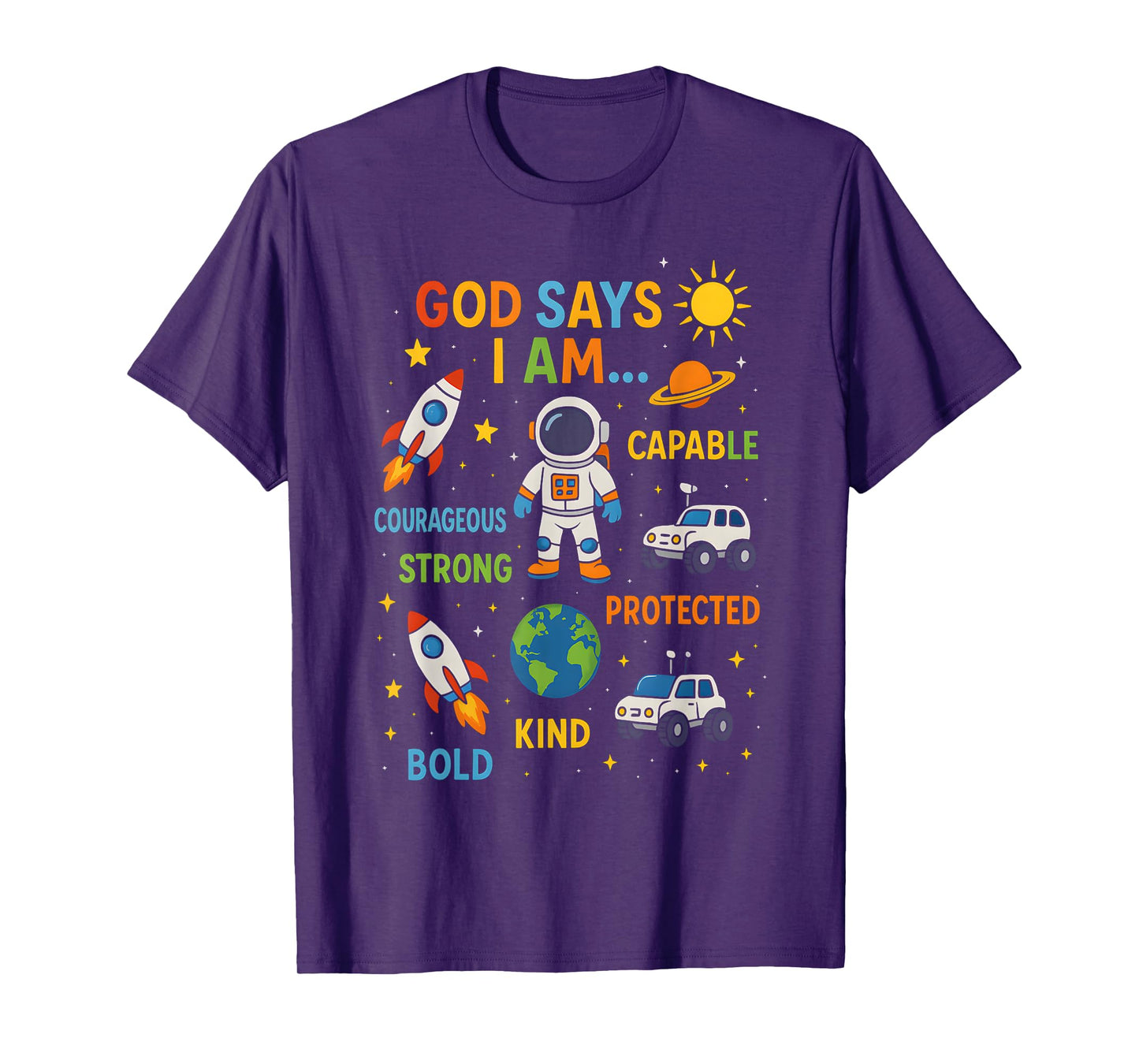 God Says I Am Astronaut Science Kids Boys Planets Space T-Shirt