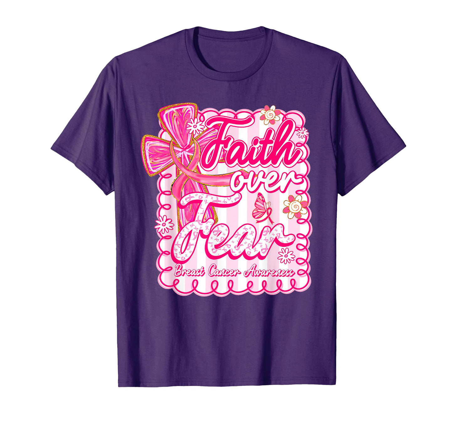 Faith Over Fear Coquette Bow Plaid Breast Cancer Awareness T-Shirt