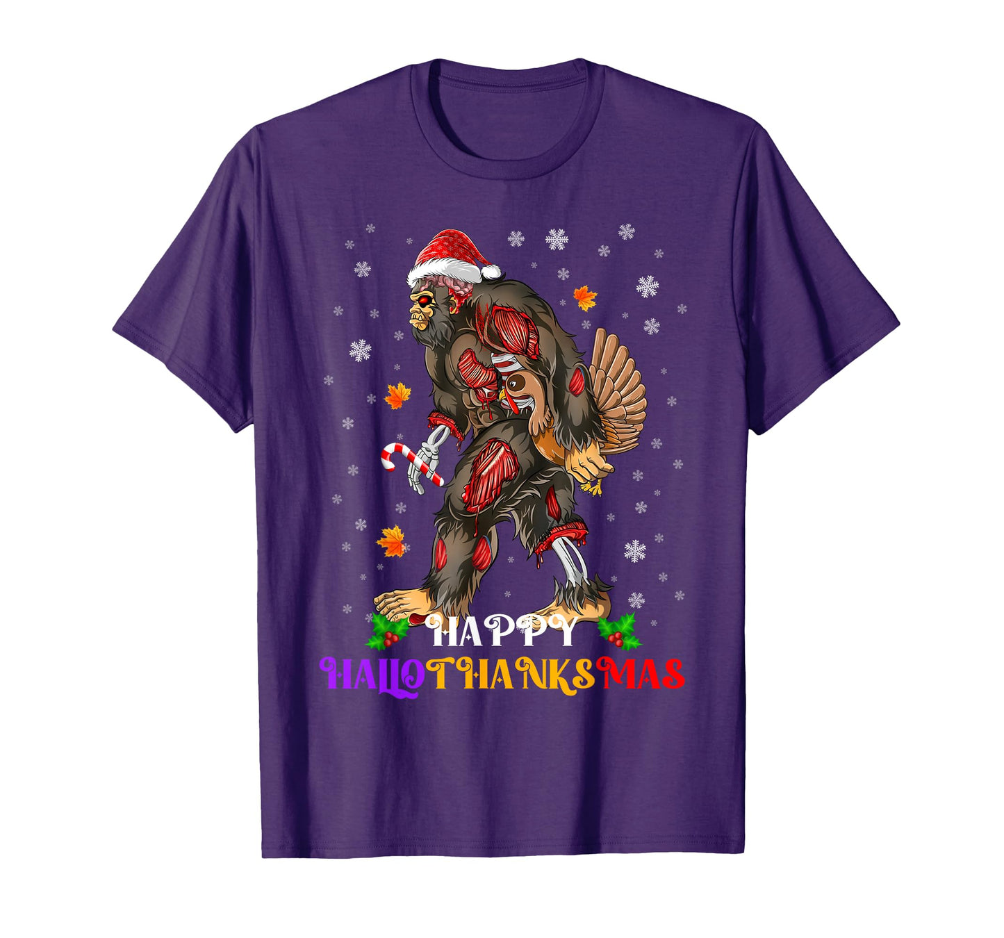 Happy Hallothanksmas Bigfoot Halloween Thanksgiving Xmas T-Shirt