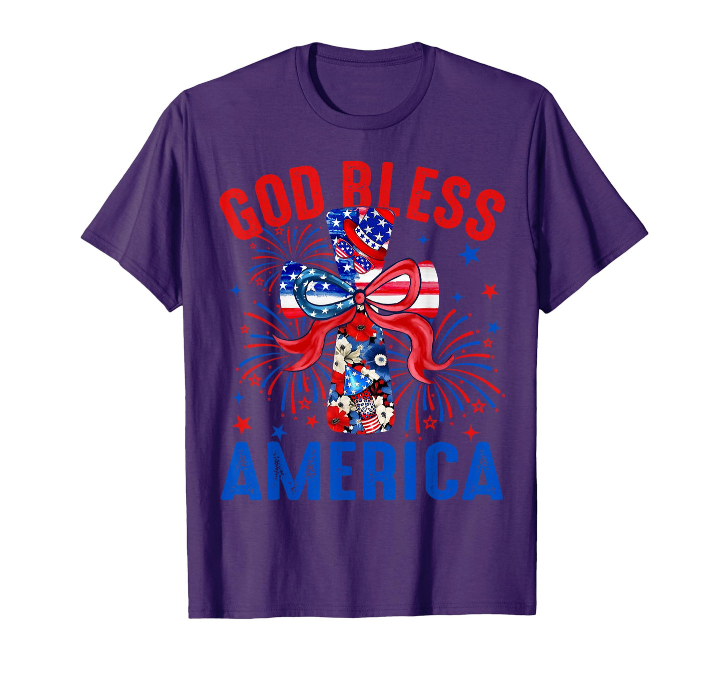 God Bless America Coquette Bow Cross 4th July Christian T-Shirt