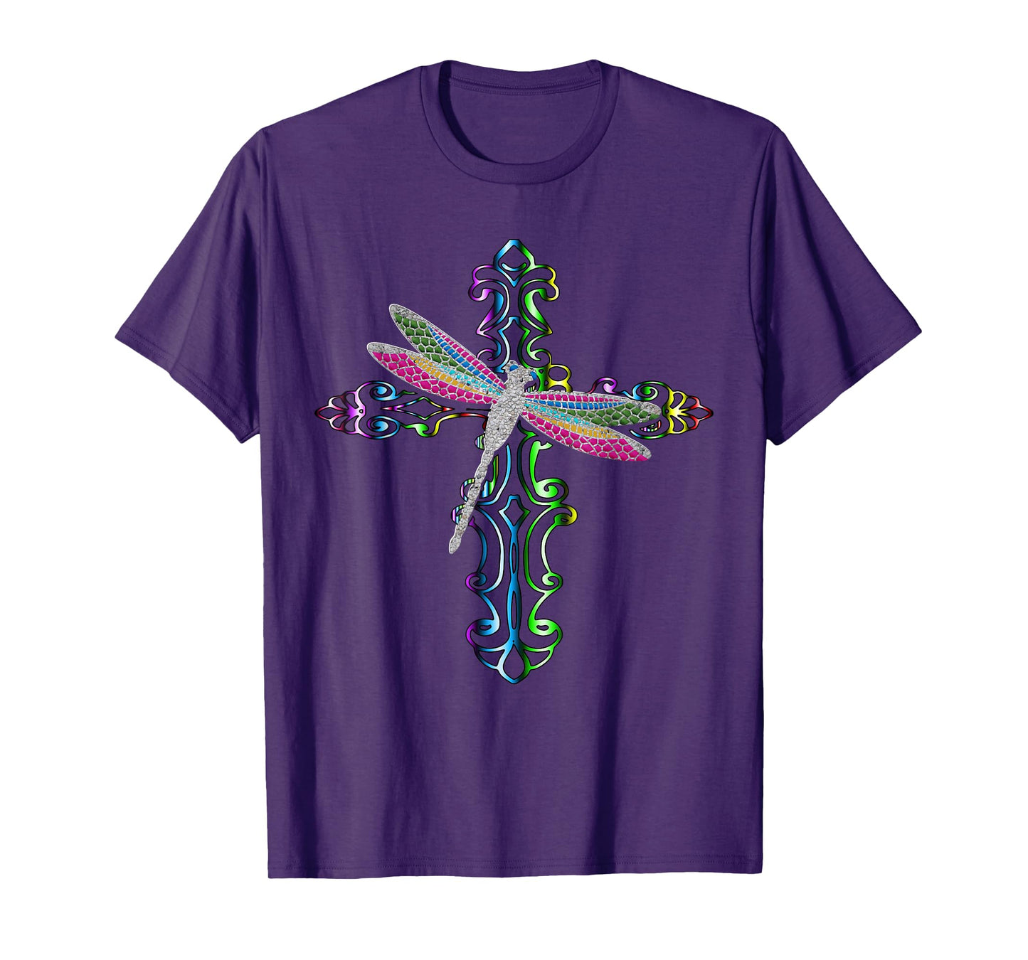 Rainbow Dragonfly Cross Christian Religious Faith Jesus T-Shirt