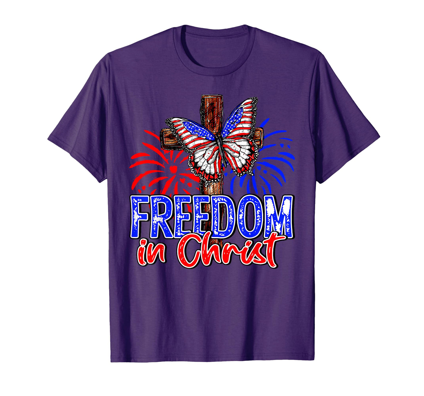 Patriotic Firework Faith Freedom In Christ Cross Butterfly T-Shirt for Women Kids Men